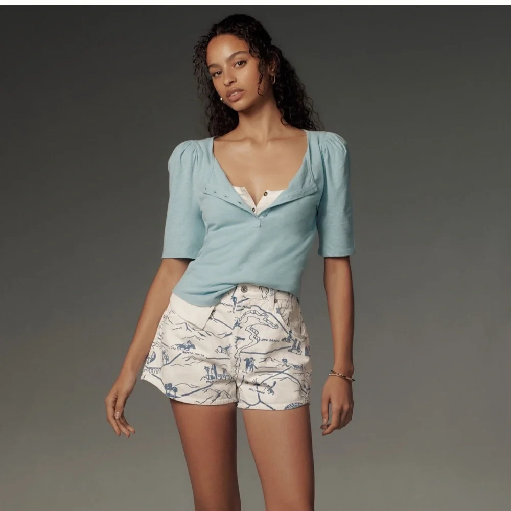 NWT Anthropologie Puff Sleeve Henley Top in Iris Blue Size XXS